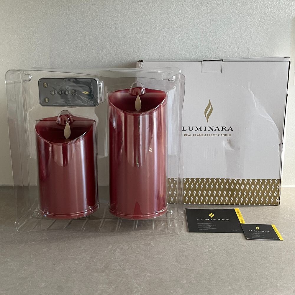 Luminara Red Flameless Candles Set of 2 w/ Remote Real Flame Effect NEW